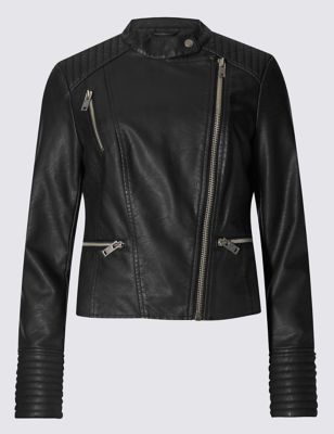 Faux Leather Collarless Jacket